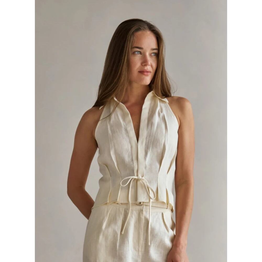 Sleeveless Tie-Waist Linen Vest in Cream